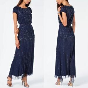 Adriana Papell Navy Blue Beaded Short Sleeve Blouson Gown Maxi Dress Size 10 NEW